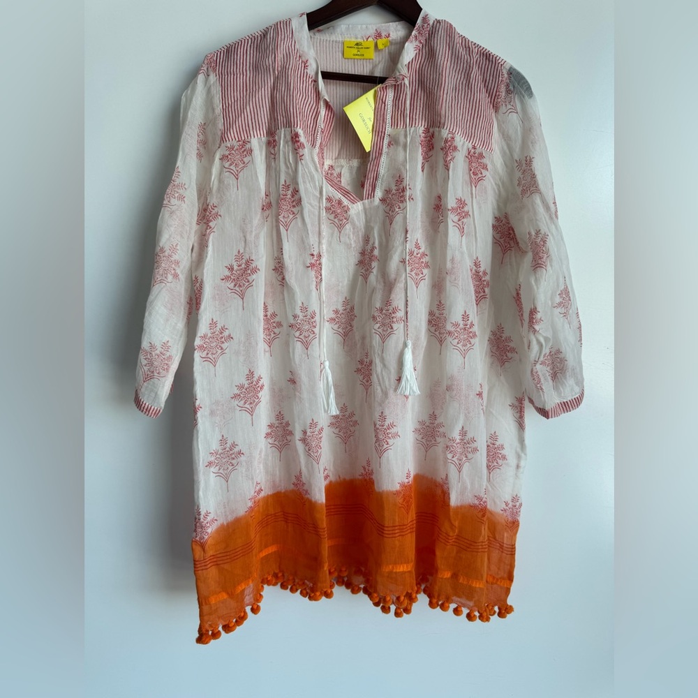 NEW Gorsuch Roberta‎ Roller Rabbit Tunic Sheer Cover Up Pom Pom Women Large Silk